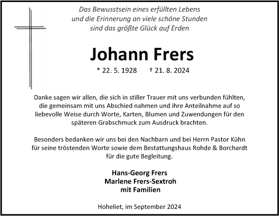 Traueranzeige von Johann Frers von Nordwest-Zeitung