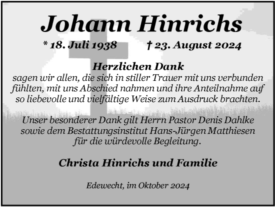 Traueranzeige von Johann Hinrichs von Nordwest-Zeitung