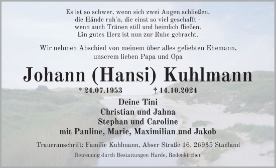 Traueranzeige von Johann Kuhlmann von Nordwest-Zeitung