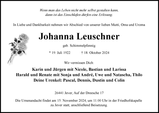 Traueranzeige von Johanna Leuschner von WZ/JW/AH