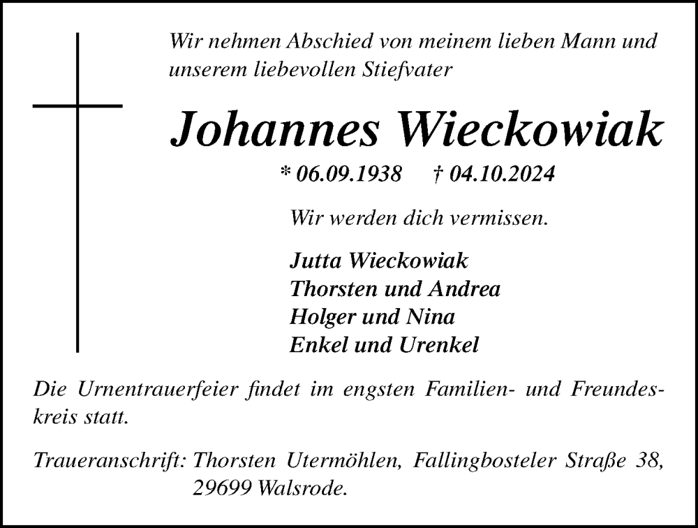  Traueranzeige für Johannes Wieckowiak vom 12.10.2024 aus Nordwest-Zeitung