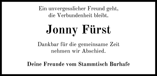 Traueranzeige von Jonny Fürst von WZ/JW/AH