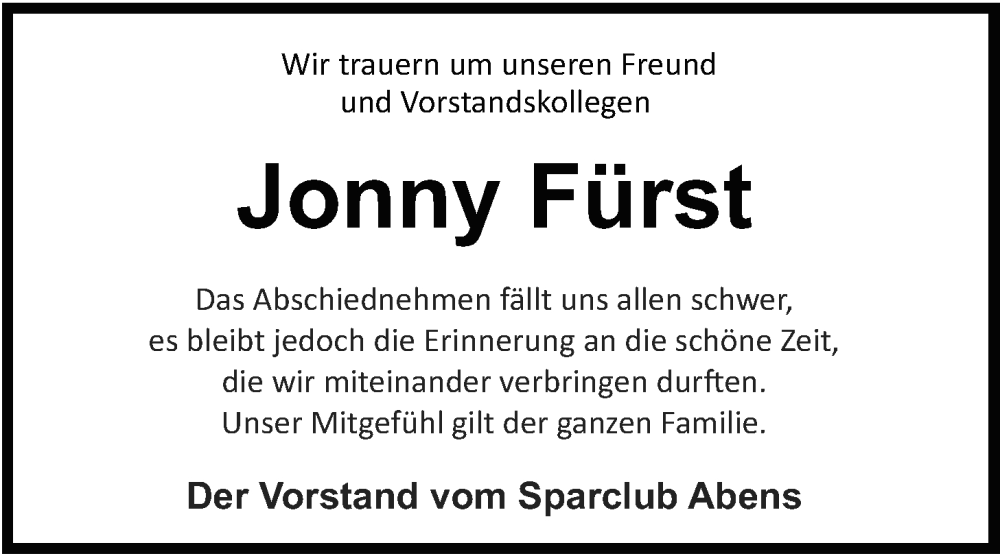  Traueranzeige für Jonny Fürst vom 22.10.2024 aus WZ/JW/AH