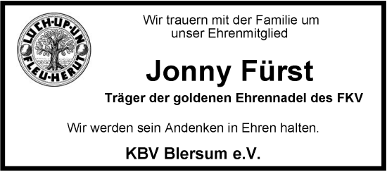 Traueranzeige von Jonny Fürst von WZ/JW/AH