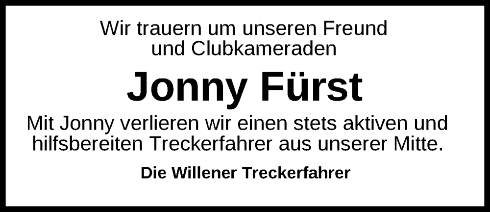  Traueranzeige für Jonny Fürst vom 23.10.2024 aus WZ/JW/AH