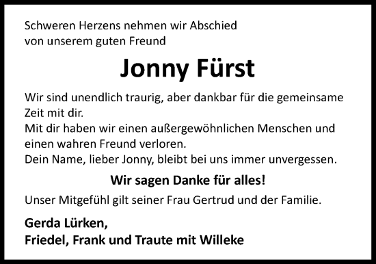 Traueranzeige von Jonny Fürst von WZ/JW/AH