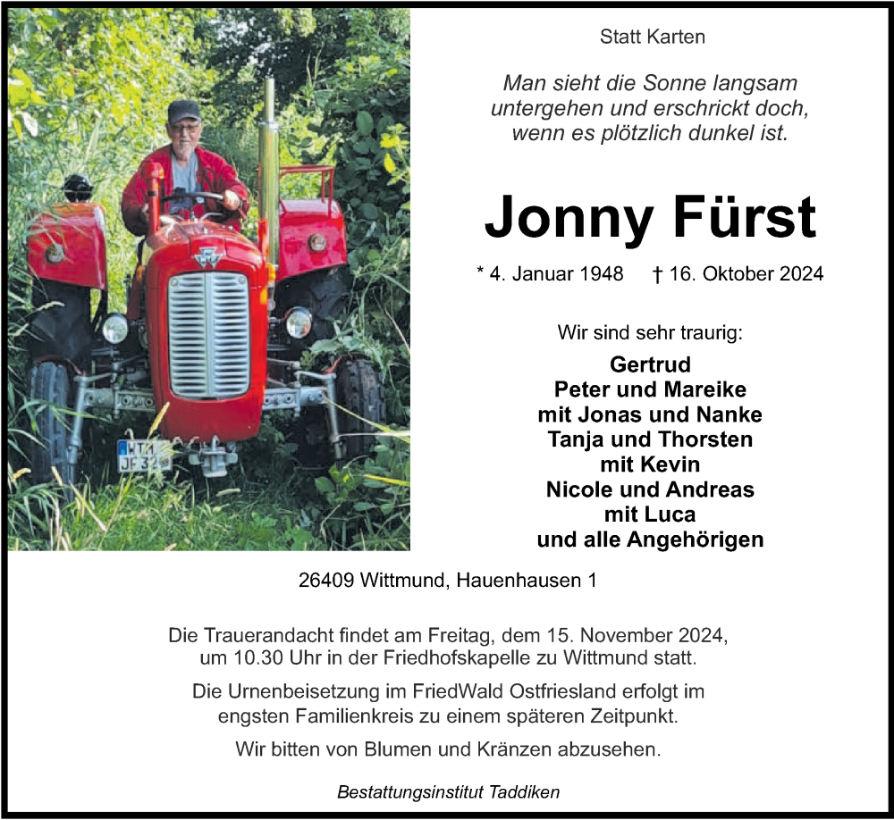  Traueranzeige für Jonny Fürst vom 22.10.2024 aus WZ/JW/AH