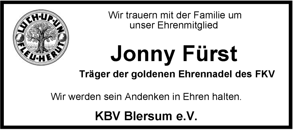  Traueranzeige für Jonny Fürst vom 22.10.2024 aus WZ/JW/AH