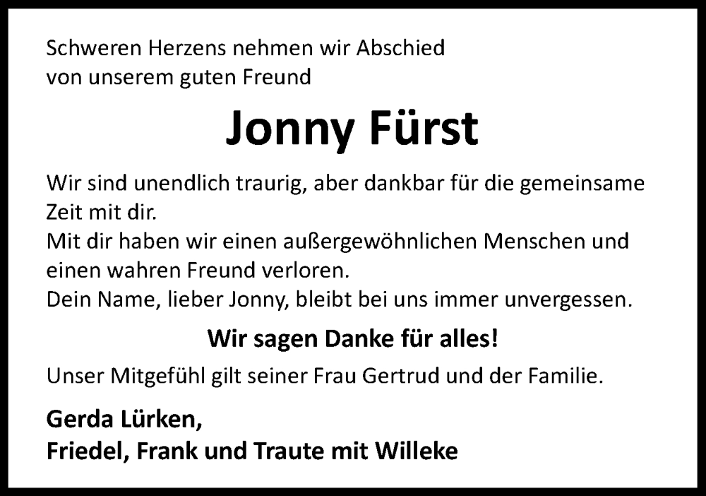  Traueranzeige für Jonny Fürst vom 22.10.2024 aus WZ/JW/AH