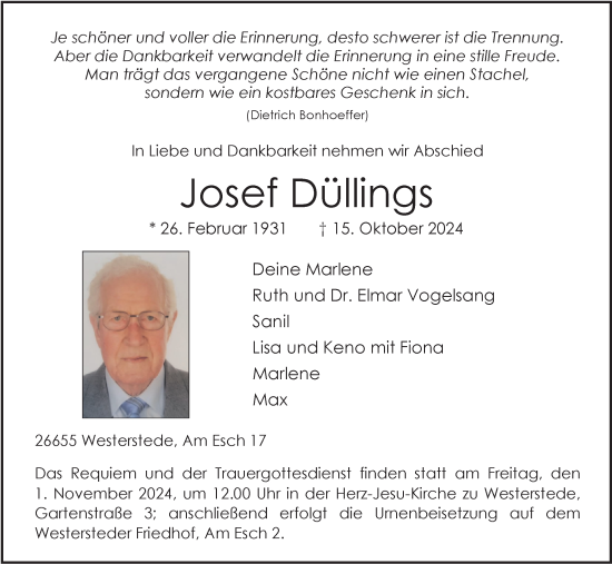 Traueranzeige von Josef Düllings von Nordwest-Zeitung