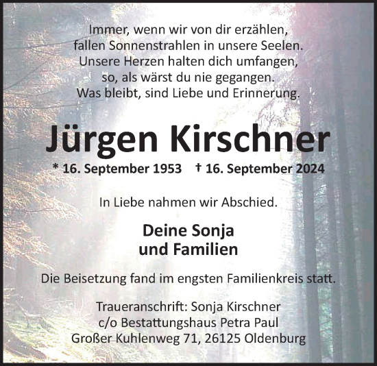 Traueranzeige von Jürgen Kirschner von Nordwest-Zeitung