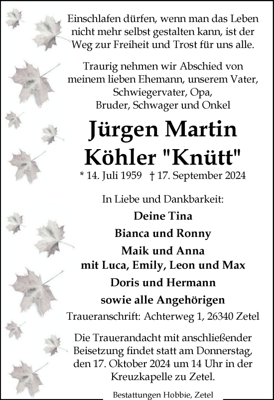 Traueranzeige von Jürgen Köhler von Nordwest-Zeitung