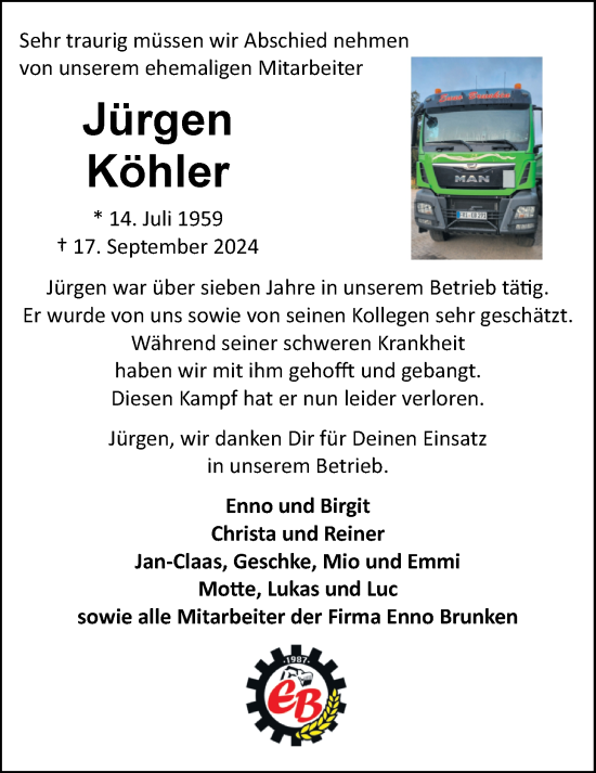 Traueranzeige von Jürgen Köhler von Nordwest-Zeitung