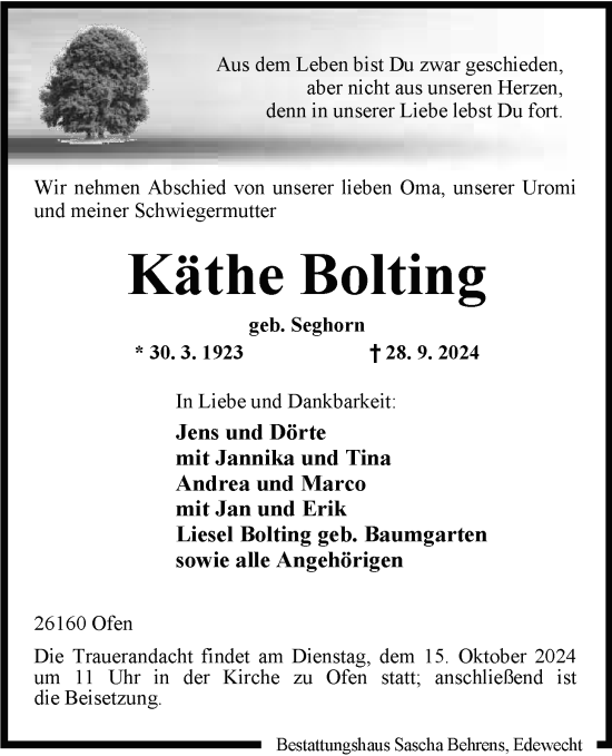 Traueranzeige von Käthe Bolting von Nordwest-Zeitung