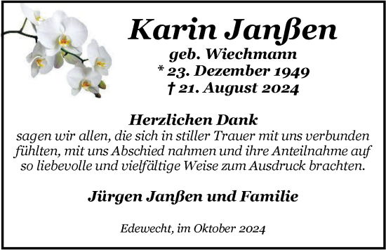 Traueranzeige von Karin Janßen von Nordwest-Zeitung