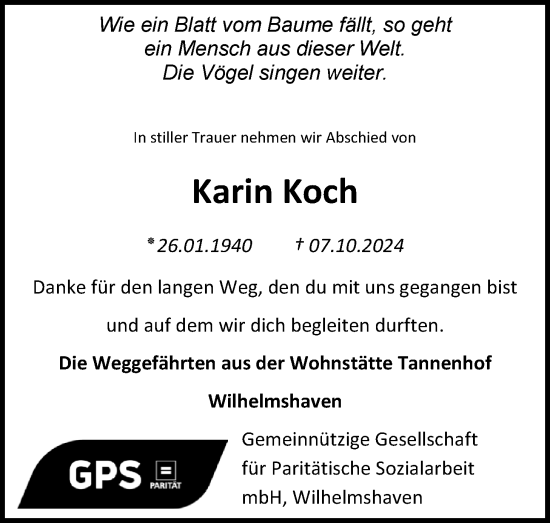 Traueranzeige von Karin Koch von WZ/JW/AH