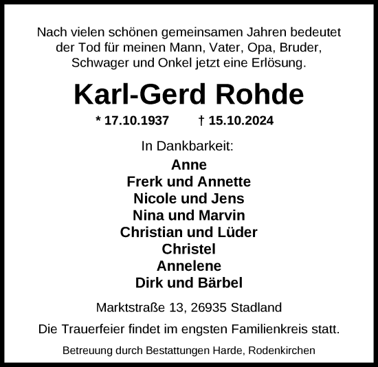 Traueranzeige von Karl-Gerd Rohde von Nordwest-Zeitung