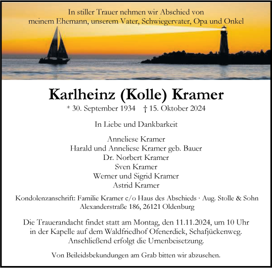 Traueranzeige von Karlheinz Kramer von Nordwest-Zeitung