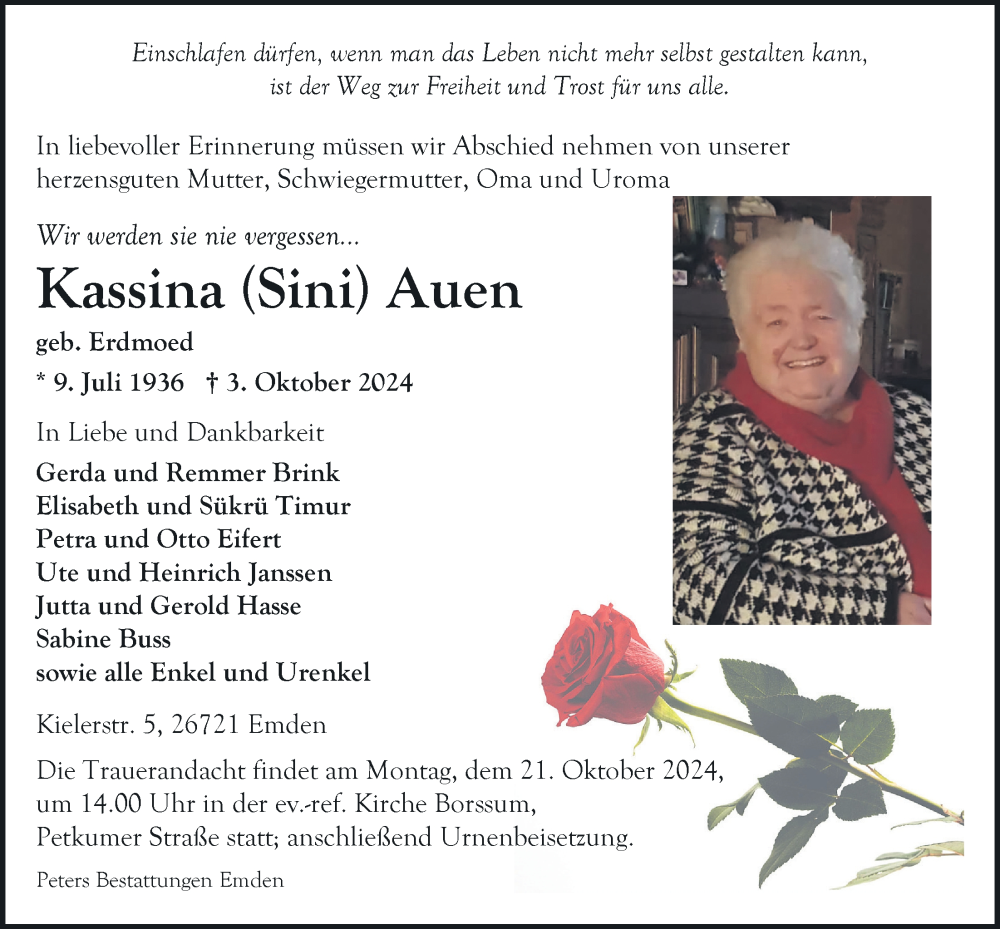  Traueranzeige für Kassina Auen vom 12.10.2024 aus Emder Zeitung