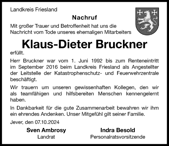 Traueranzeige von Klaus-Dieter Bruckner von Nordwest-Zeitung