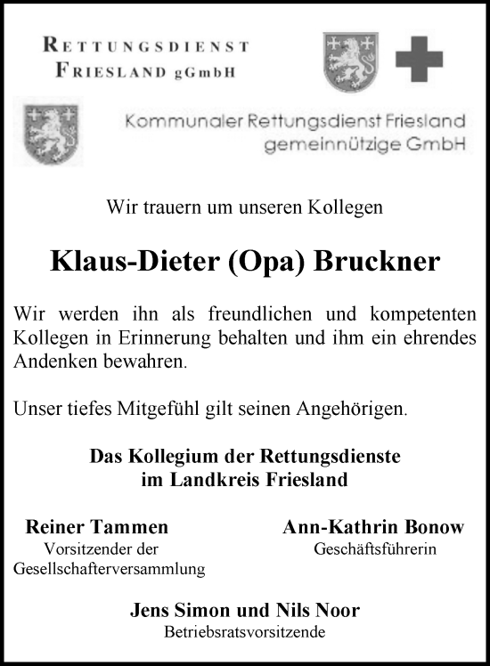 Traueranzeige von Klaus-Dieter Bruckner von Nordwest-Zeitung