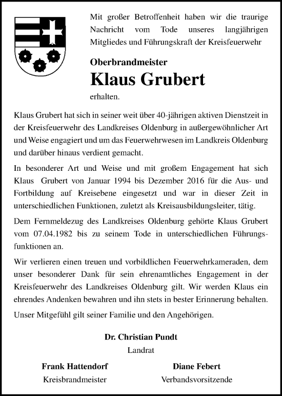 Traueranzeige von Klaus Grubert von Nordwest-Zeitung