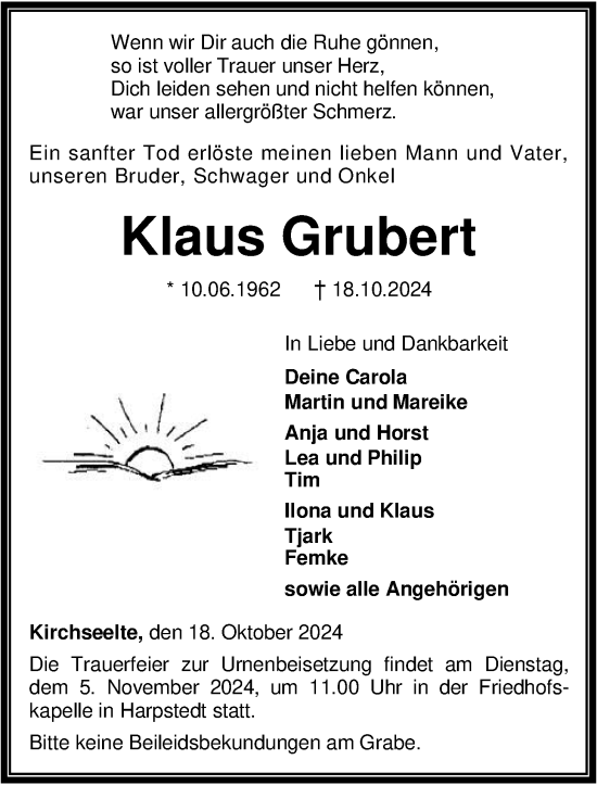 Traueranzeige von Klaus Grubert von Nordwest-Zeitung