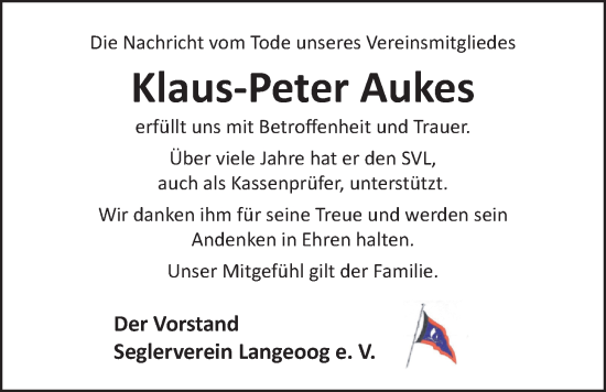 Traueranzeige von Klaus-Peter Aukes von WZ/JW/AH