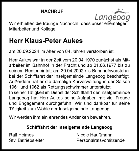 Traueranzeige von Klaus-Peter Aukes von WZ/JW/AH