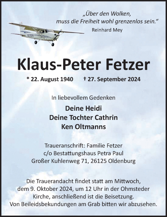 Traueranzeige von Klaus Fetzer von Nordwest-Zeitung