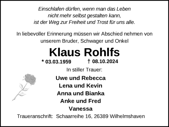 Traueranzeige von Klaus Rohlfs von WZ/JW/AH