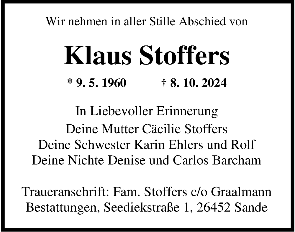  Traueranzeige für Klaus Stoffers vom 19.10.2024 aus WZ/JW/AH