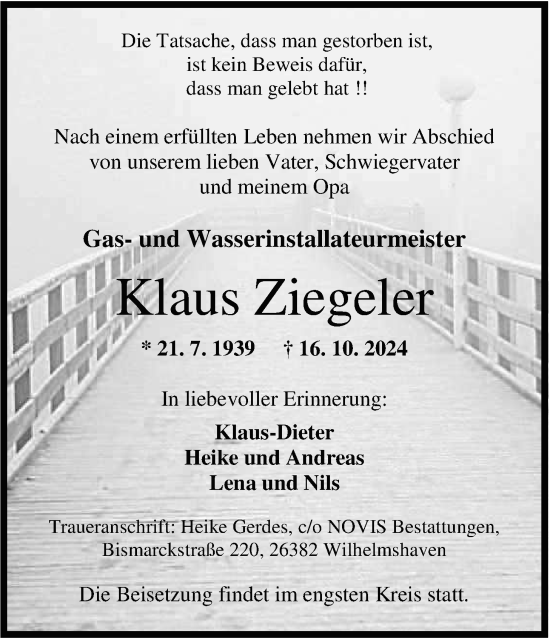 Traueranzeige von Klaus Ziegeler von WZ/JW/AH