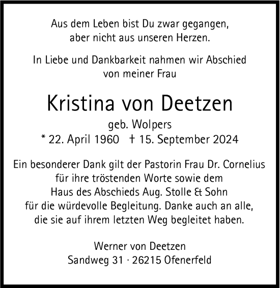 Traueranzeige von Kristina von Deetzen von Nordwest-Zeitung