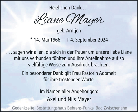 Traueranzeige von Liane Mayer von Nordwest-Zeitung