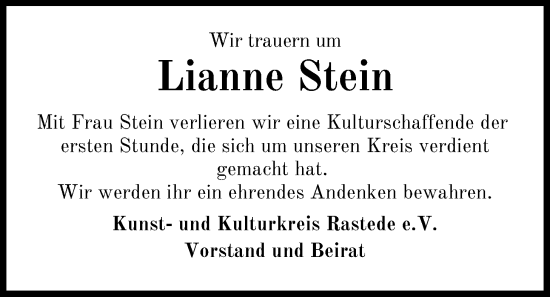 Traueranzeige von Lianne Stein von Nordwest-Zeitung