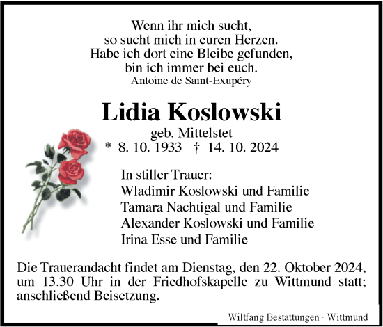 Traueranzeige von Lidia Koslowski von WZ/JW/AH