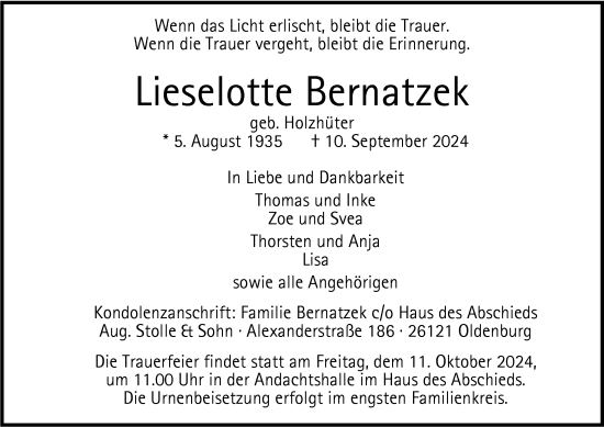 Traueranzeige von Lieselotte Bernatzek von Nordwest-Zeitung