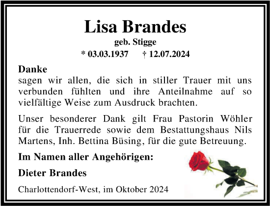 Traueranzeige von Lisa Brandes von Nordwest-Zeitung