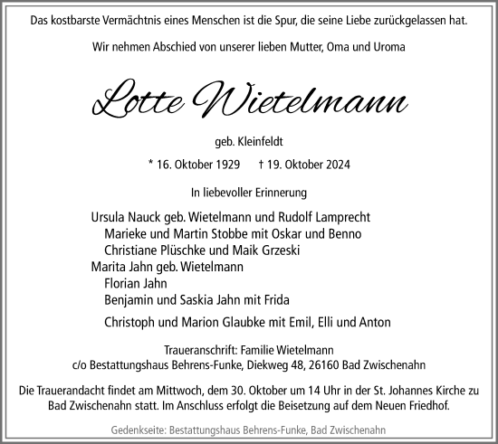 Traueranzeige von Lotte Wietelmann von Nordwest-Zeitung