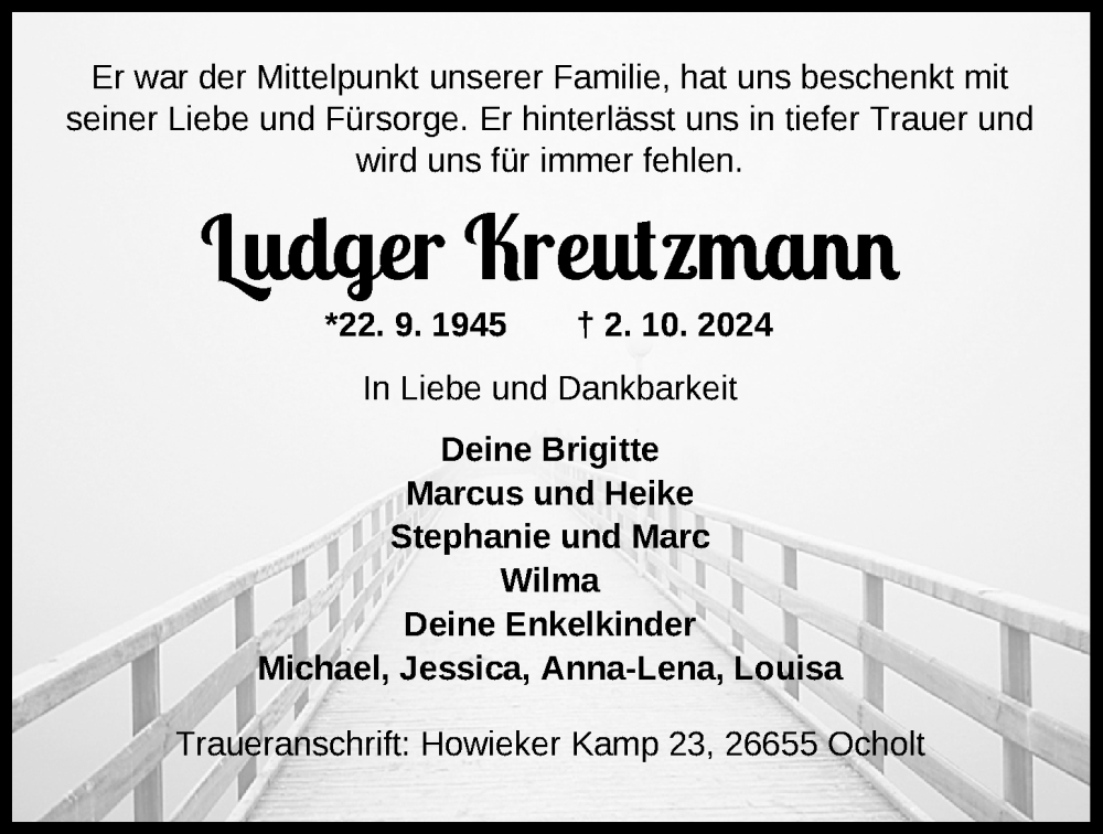  Traueranzeige für Ludger Kreutzmann vom 05.10.2024 aus Nordwest-Zeitung