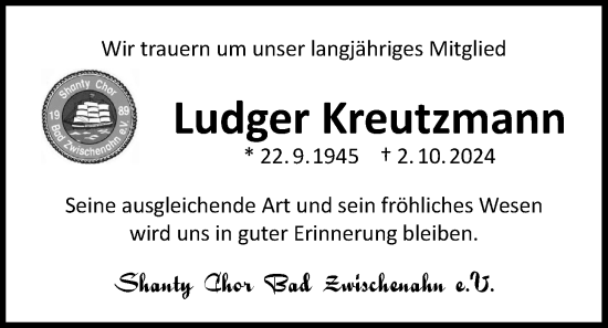 Traueranzeige von Ludger Kreutzmann von Nordwest-Zeitung