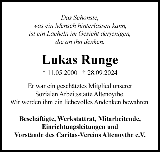 Traueranzeige von Lukas Runge von Nordwest-Zeitung