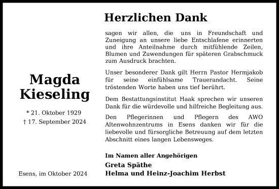 Traueranzeige von Madga Kieseling von WZ/JW/AH