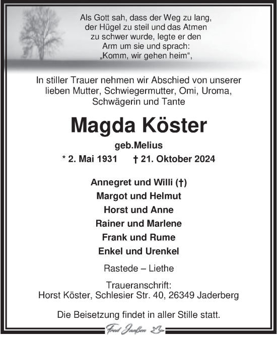 Traueranzeige von Magda Köster von Nordwest-Zeitung