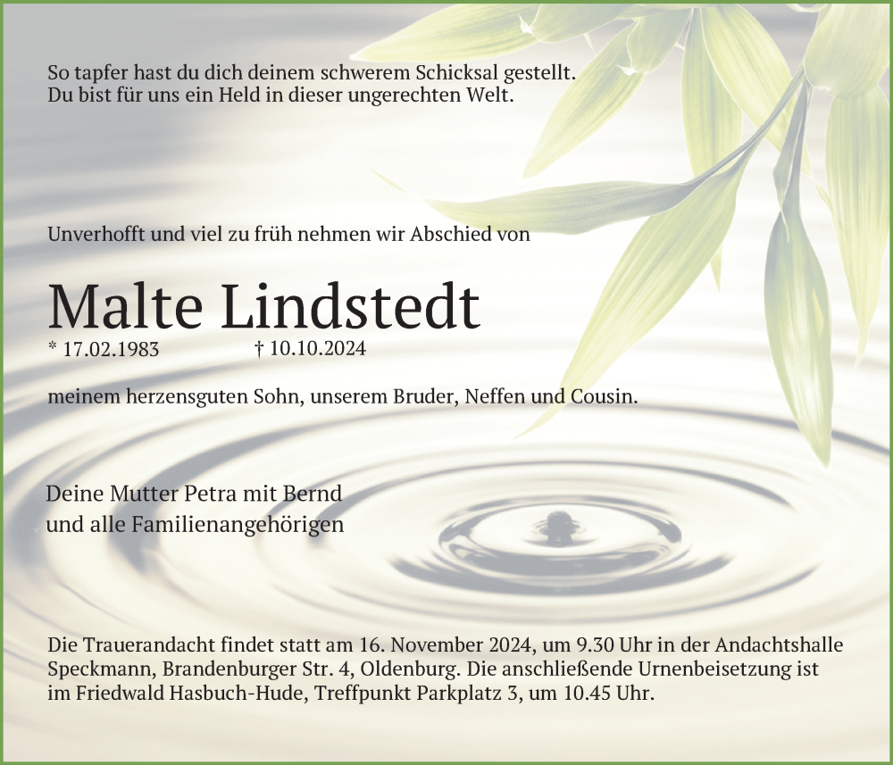  Traueranzeige für Malte Lindstedt vom 19.10.2024 aus Nordwest-Zeitung