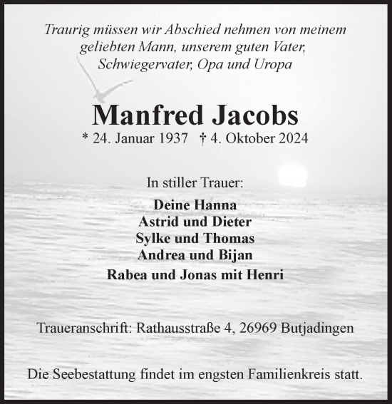 Traueranzeige von Manfred Jacobs von Nordwest-Zeitung