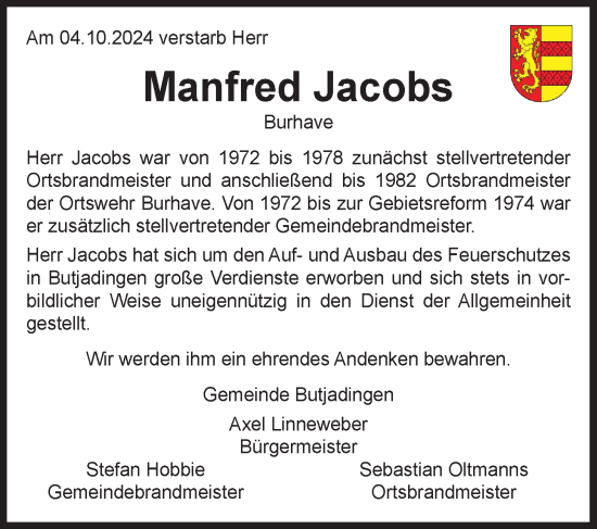 Traueranzeige von Manfred Jacobs von Nordwest-Zeitung