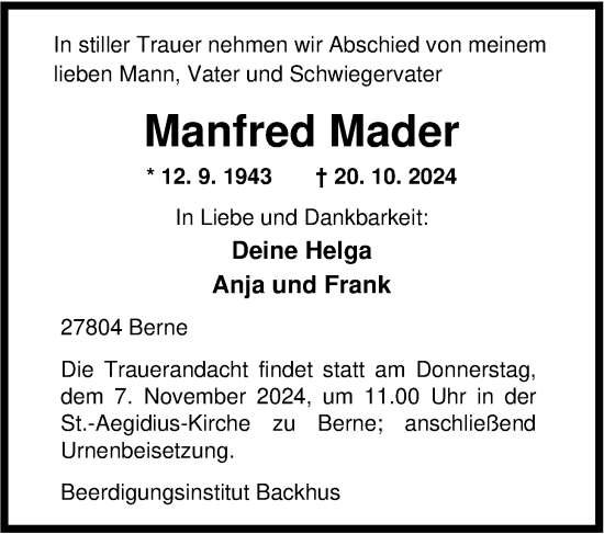 Traueranzeige von Manfred Mader von Nordwest-Zeitung