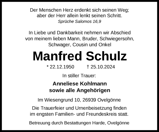 Traueranzeige von Manfred Schulz von Nordwest-Zeitung